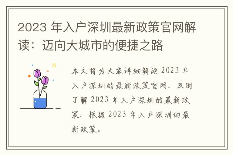 2023 年入户深圳最新政策官网解读：迈向大城市的便捷之路