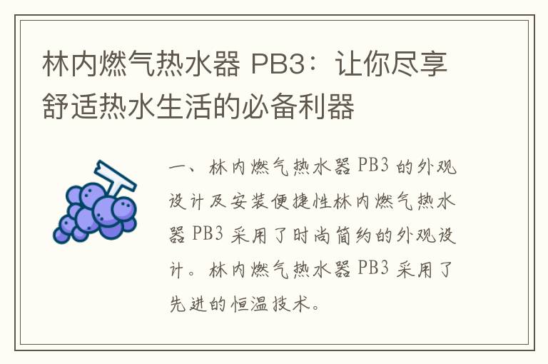 林内燃气热水器 PB3：让你尽享舒适热水生活的必备利器