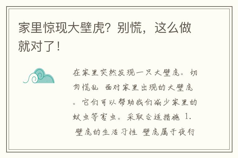 家里惊现大壁虎？别慌，这么做就对了！