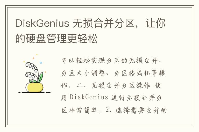 DiskGenius 无损合并分区，让你的硬盘管理更轻松