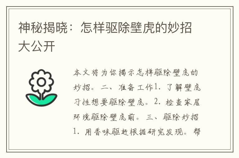 神秘揭晓：怎样驱除壁虎的妙招大公开