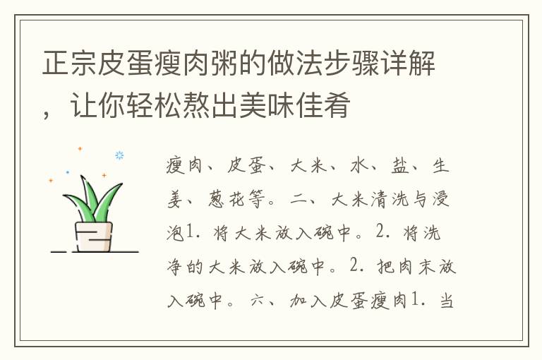 正宗皮蛋瘦肉粥的做法步骤详解，让你轻松熬出美味佳肴