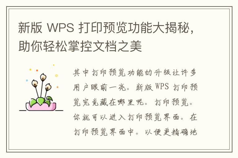 新版 WPS 打印预览功能大揭秘，助你轻松掌控文档之美