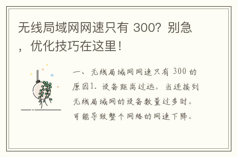 无线局域网网速只有 300？别急，优化技巧在这里！