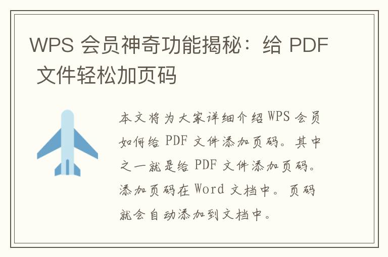 WPS 会员神奇功能揭秘：给 PDF 文件轻松加页码
