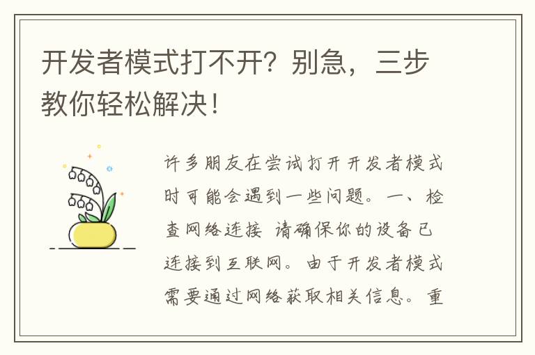 开发者模式打不开？别急，三步教你轻松解决！