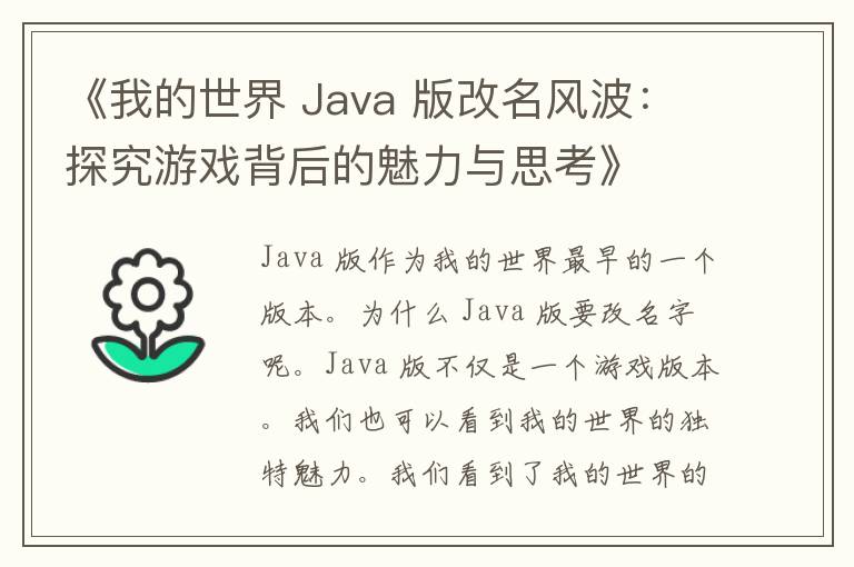 《我的世界 Java 版改名风波：探究游戏背后的魅力与思考》