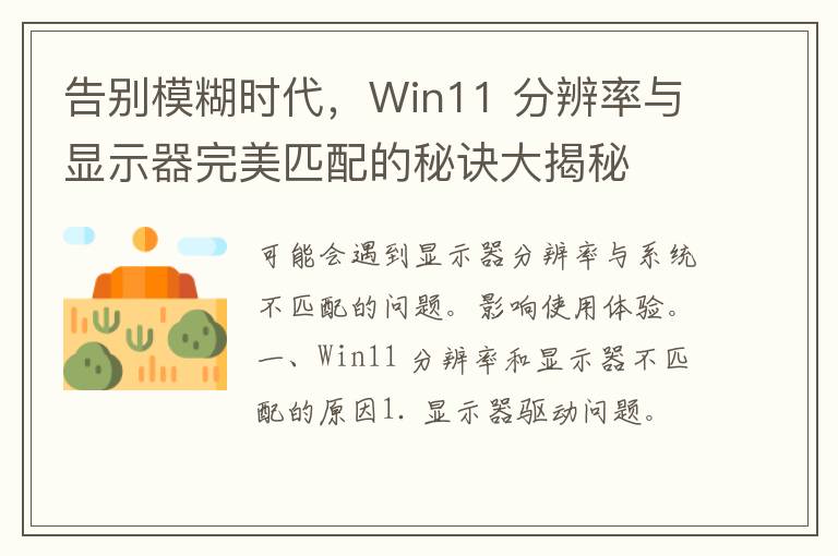 告别模糊时代，Win11 分辨率与显示器完美匹配的秘诀大揭秘