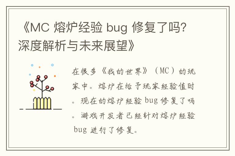 《MC 熔炉经验 bug 修复了吗？深度解析与未来展望》