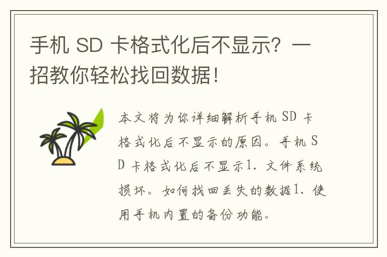 手机 SD 卡格式化后不显示？一招教你轻松找回数据！