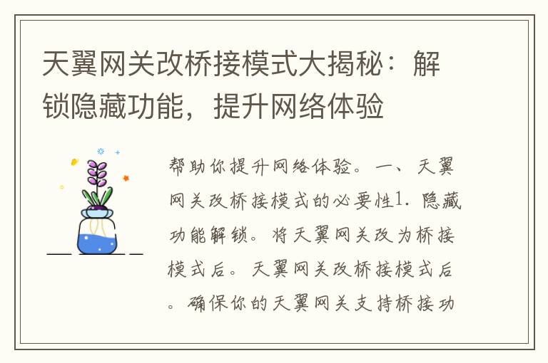 天翼网关改桥接模式大揭秘：解锁隐藏功能，提升网络体验