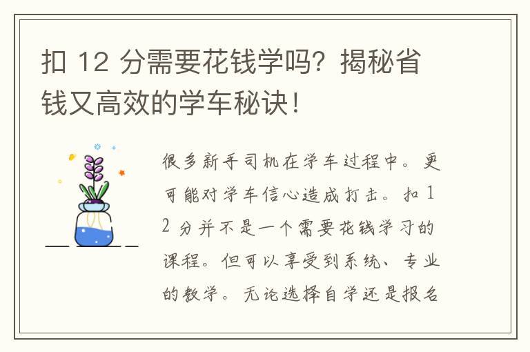 扣 12 分需要花钱学吗？揭秘省钱又高效的学车秘诀！