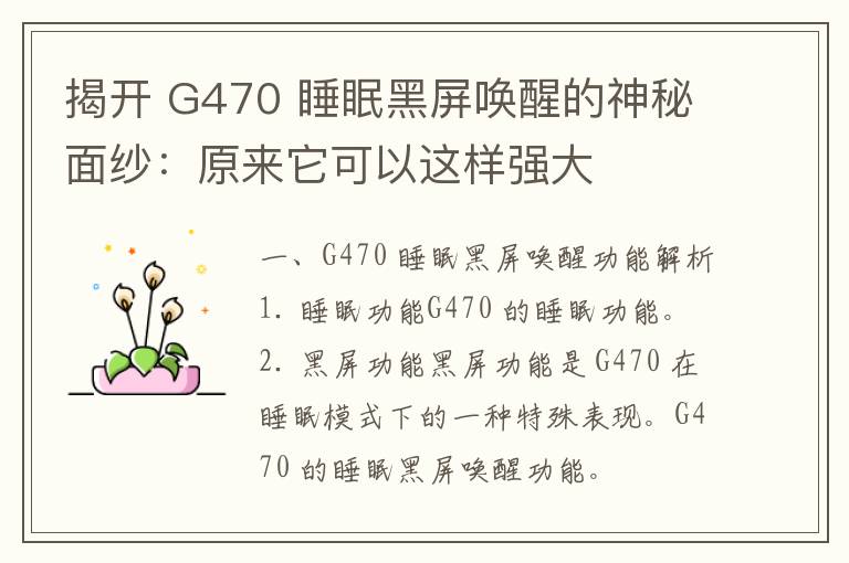 揭开 G470 睡眠黑屏唤醒的神秘面纱：原来它可以这样强大