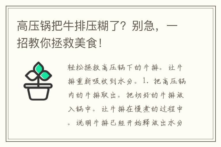 高压锅把牛排压糊了？别急，一招教你拯救美食！