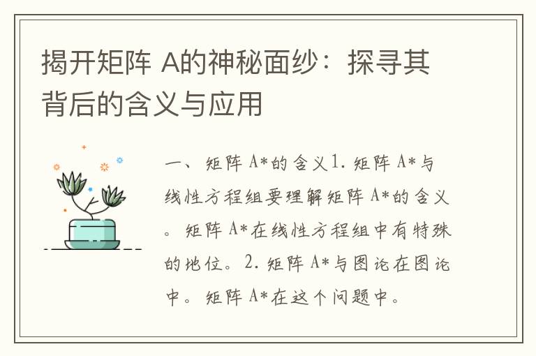 揭开矩阵 A的神秘面纱：探寻其背后的含义与应用