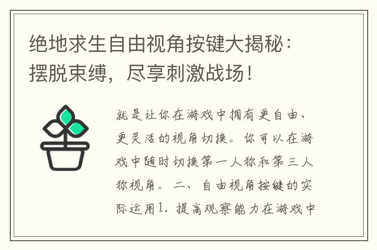 绝地求生自由视角按键大揭秘：摆脱束缚，尽享刺激战场！