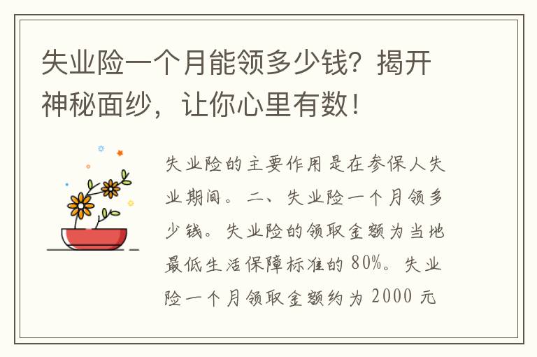 失业险一个月能领多少钱？揭开神秘面纱，让你心里有数！