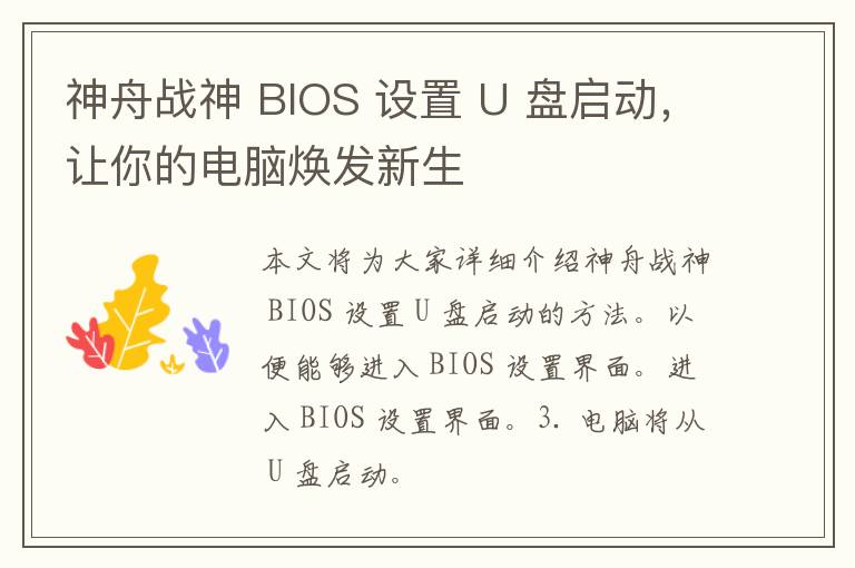 神舟战神 BIOS 设置 U 盘启动，让你的电脑焕发新生